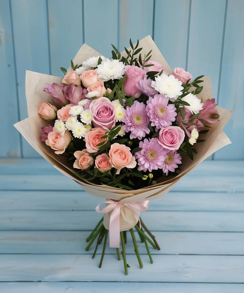 Букет цветов из: Хризантемы, Розы и Альстромерии в Сосновоборске Пензенской области