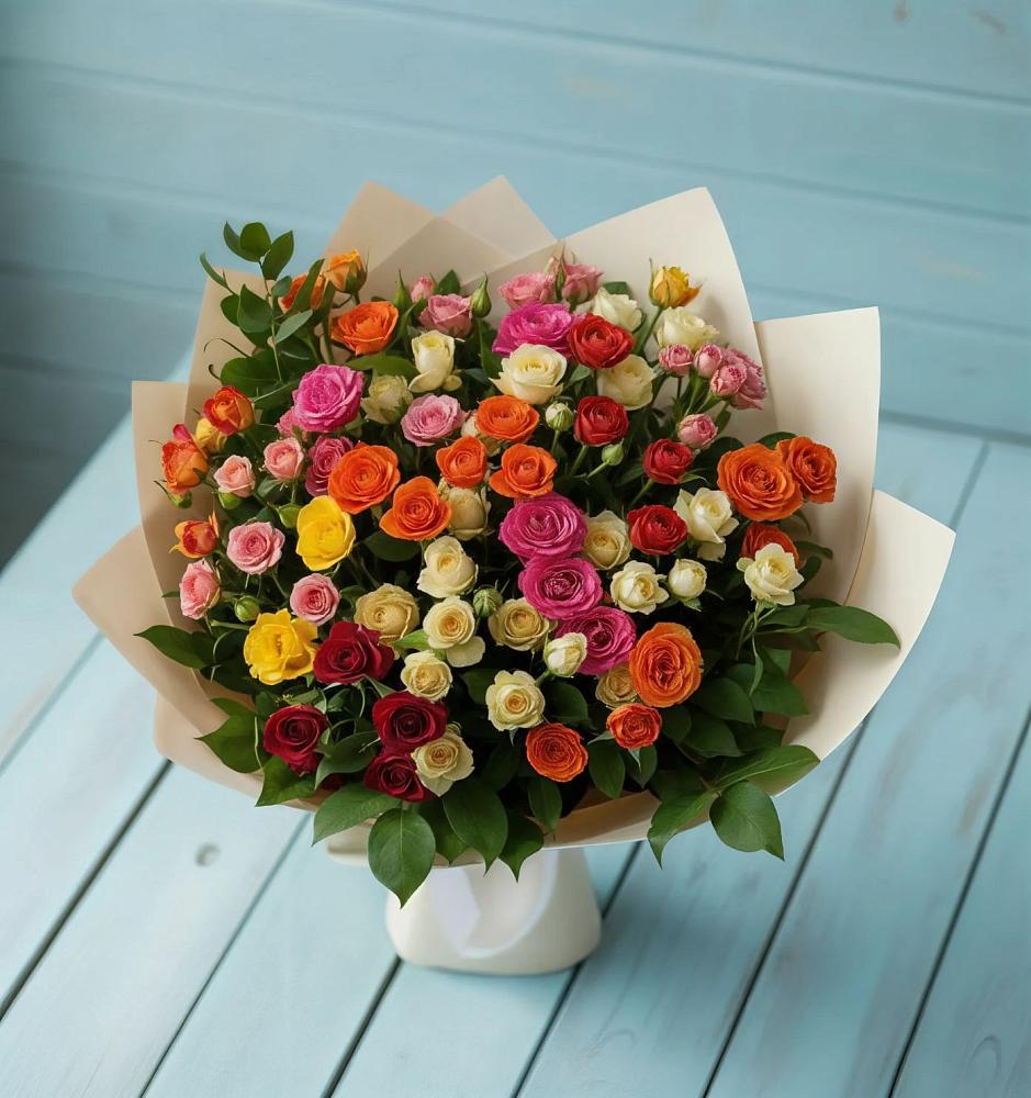 Букет Микс из разноцветных кустовых роз в Сосновоборске Пензенской области