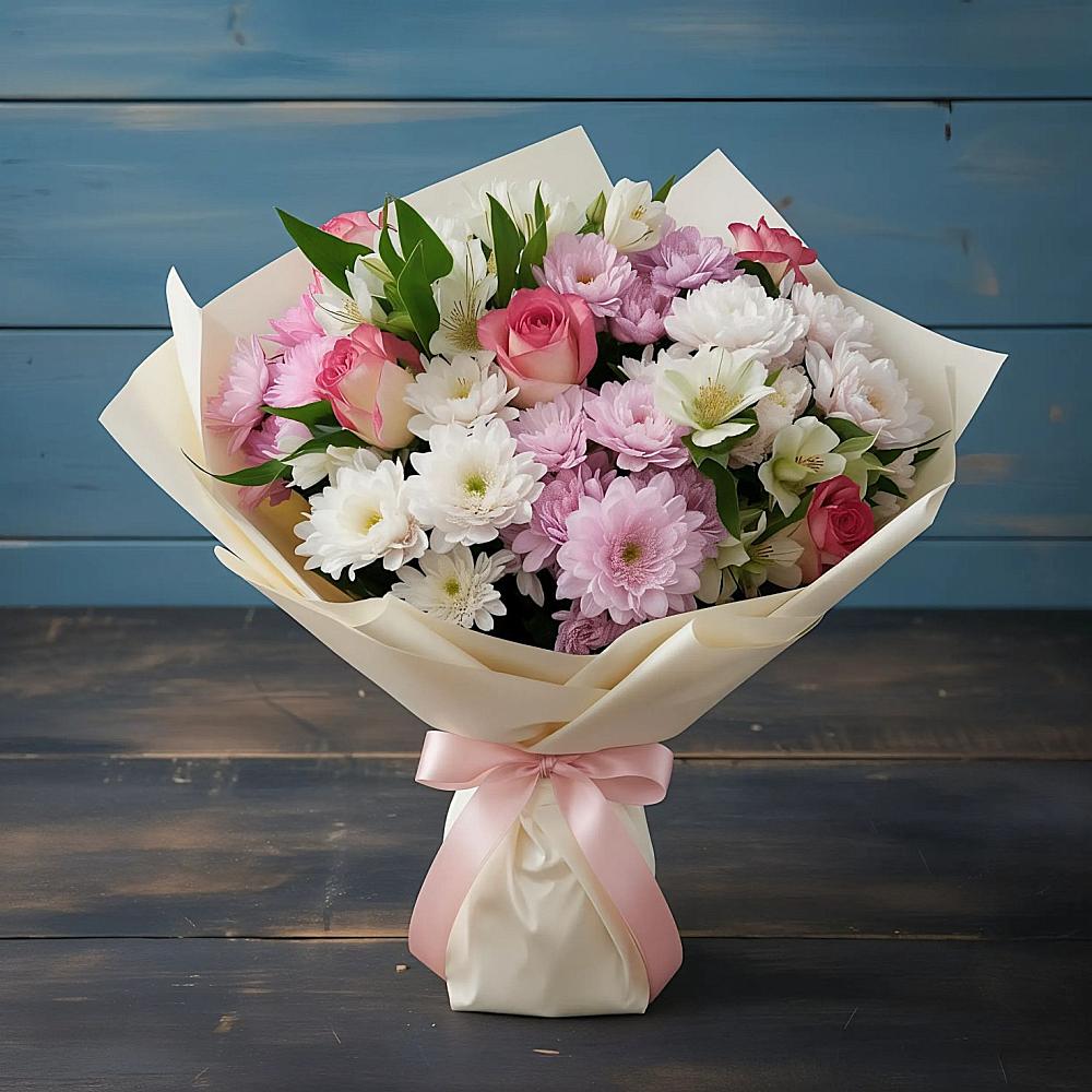 Букет цветов из: Хризантемы, Альстромерии и Розы в Сосновоборске Пензенской области